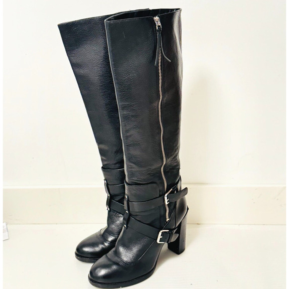 Rebecca Minkoff Boots Womens 8.5 Black Leather Moto Double Buckle Heels Billie - Picture 5 of 12